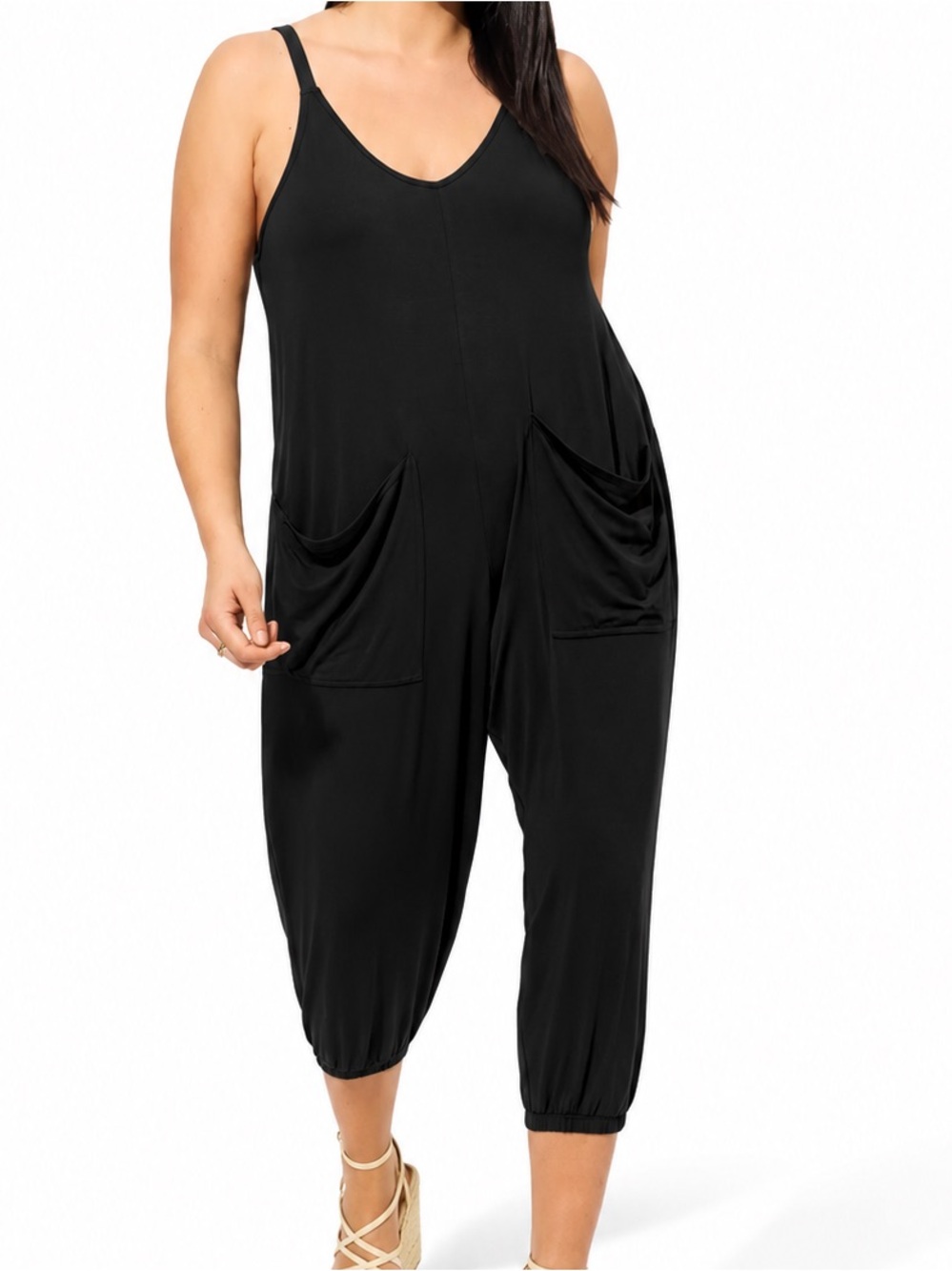 torrid Black Jersey Knit Sleeveless Draped Pocket Cropped Jumpsuit 1X Tall